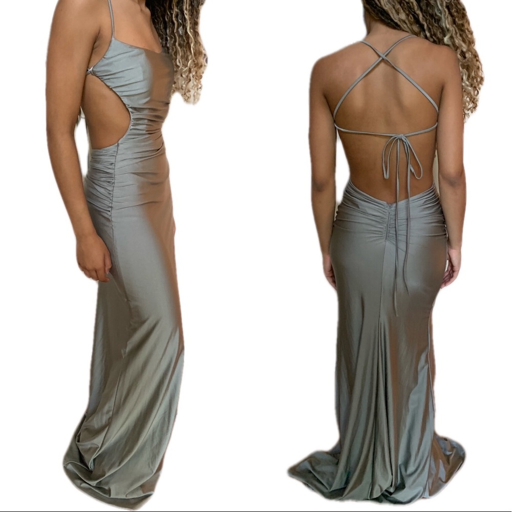 La Femme Tie Back Satin Gown - Silver Size 4 - NWOT